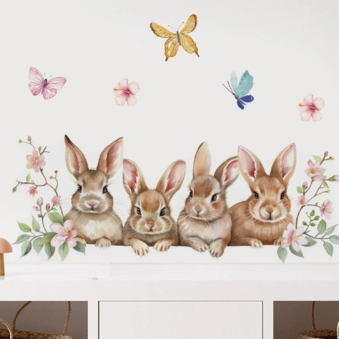 Watercolor Easter Rabbit Butterfly Wall Stickers PVC Pastoral Bunny Decals For Nursery Kids Room Home Wall Decoration