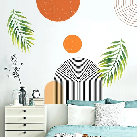 Boho Wandtattoo Sonne Palmblatt PVC Geometrischer Bogen Kreis Wandaufkleber Für Wohnzimmer Schlafzimmer Hintergrund Dekoration