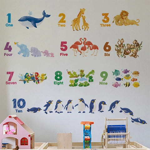 Educational Animal Number Pattern Wall Stickers PVC Cartoon Learning Decal For Kids Nursery Children Bedroom Home Wall Aesthetic Decoration