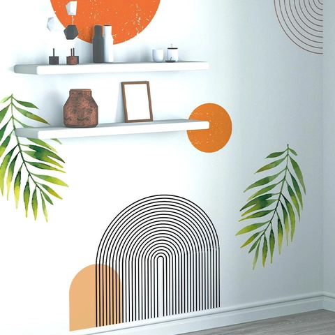 Boho Wandtattoo Sonne Palmblatt PVC Geometrischer Bogen Kreis Wandaufkleber Für Wohnzimmer Schlafzimmer Hintergrund Dekoration