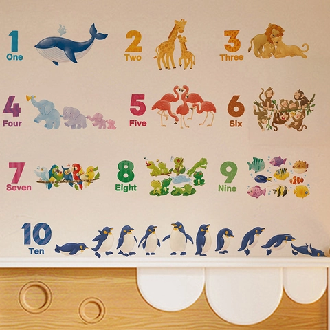 Educational Animal Number Pattern Wall Stickers PVC Cartoon Learning Decal For Kids Nursery Children Bedroom Home Wall Aesthetic Decoration