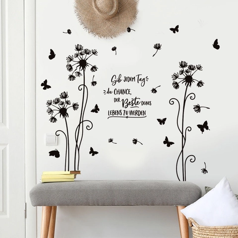 Adesivo da Parete Farfalla Tarassaco Nero Con Citazione Tedesca PVC Removibile Arte Murale per Soggiorno Decorazione Casa