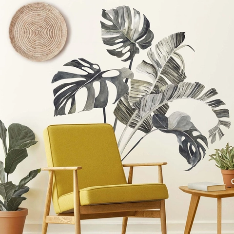 Tropische Monstera Bananenblad Muursticker Grijs Groen Plant Aquarel PVC Verwijderbaar Zelfklevend Scandinavisch Huis Decor Muurschildering Voor Woonkamer Slaapkamer