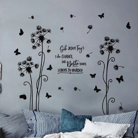 Adesivo da Parete Farfalla Tarassaco Nero Con Citazione Tedesca PVC Removibile Arte Murale per Soggiorno Decorazione Casa