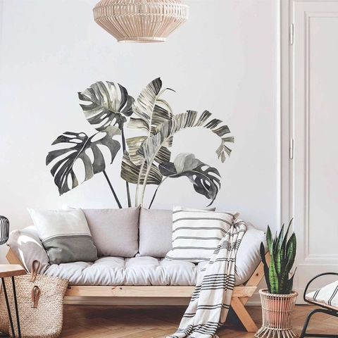 Tropische Monstera Bananenblad Muursticker Grijs Groen Plant Aquarel PVC Verwijderbaar Zelfklevend Scandinavisch Huis Decor Muurschildering Voor Woonkamer Slaapkamer