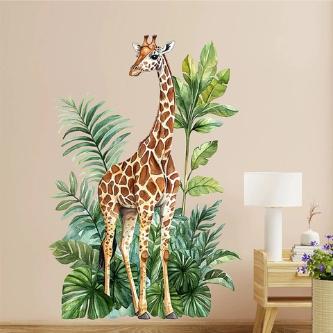 Aquarell Giraffe Und Tropische Blätter Wandtattoo Abnehmbare PVC DIY Kunst Aufkleber Für Kinderzimmer Wohnzimmer Deko