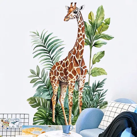 Aquarell Giraffe Und Tropische Blätter Wandtattoo Abnehmbare PVC DIY Kunst Aufkleber Für Kinderzimmer Wohnzimmer Deko
