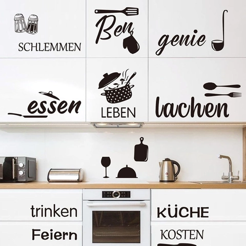 Modern Minimalist German Kitchen Wall Decal Kitchenware Icons Removable PVC Wall Stickers Black Dining Room Decoration