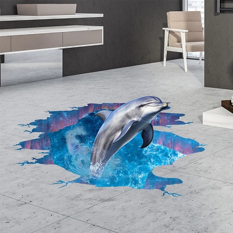 3D Dolfijn Muursticker Verwijderbare PVC Vloersticker Gebroken Muur Effect Waterdichte Kunst Muurschildering Voor Woonkamer Badkamer Decor