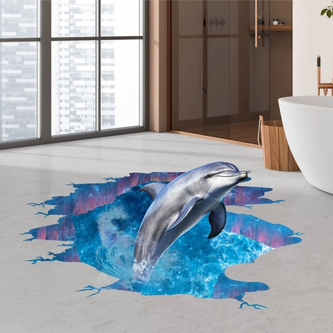 3D Dolfijn Muursticker Verwijderbare PVC Vloersticker Gebroken Muur Effect Waterdichte Kunst Muurschildering Voor Woonkamer Badkamer Decor