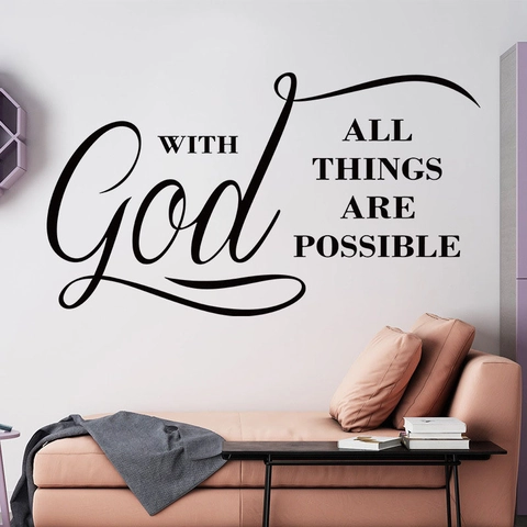 Con Dio Tutto È Possibile Adesivo da Parete Citazione Motivazionale in PVC Removibile Decalcomania per Soggiorno Camera da Letto