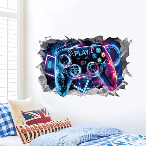 Pegatina de Pared 3D Efecto Pared Rota Mando de Juego Neón Cyberpunk PVC Removible para Decoración de Dormitorio de Niños