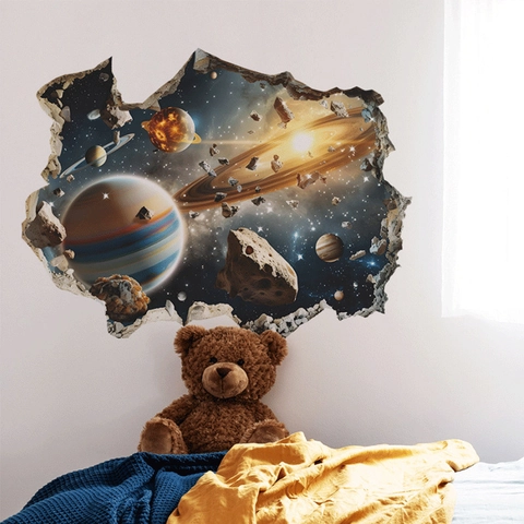 3D Space Wall Sticker Universe Galaxy Planets Broken Wall Effect Removable PVC Decal For Kids Room Bedroom Living Room Home Decor