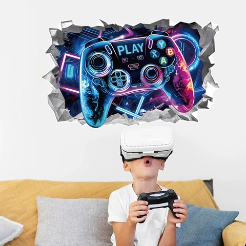 Pegatina de Pared 3D Efecto Pared Rota Mando de Juego Neón Cyberpunk PVC Removible para Decoración de Dormitorio de Niños
