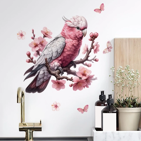 Adesivo per Toilette con Pappagallo Rosa e Fiori di Ciliegio Rimovibile in PVC Autoadesivo Decalcomania da Muro per Bagno