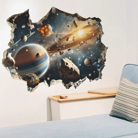 3D Space Wall Sticker Universe Galaxy Planets Broken Wall Effect Removable PVC Decal For Kids Room Bedroom Living Room Home Decor