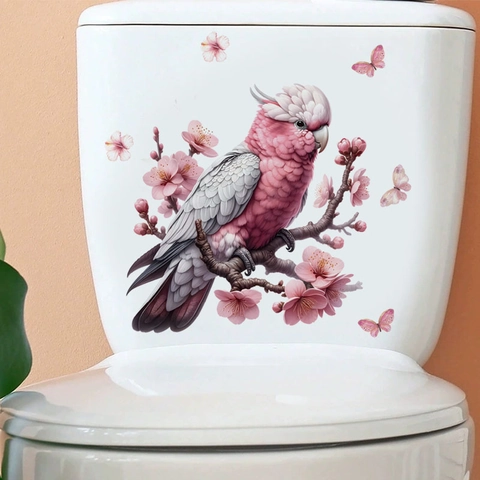 Adesivo per Toilette con Pappagallo Rosa e Fiori di Ciliegio Rimovibile in PVC Autoadesivo Decalcomania da Muro per Bagno