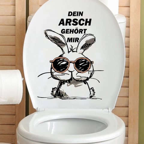 Funny Cartoon Rabbit PVC Toilet Sticker Humorous German Text Waterproof Removable Bathroom Wall Decal Restroom Decor