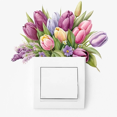 Tulip Flower Switch Sticker PVC Self Adhesive Removable Botanical Floral Wall Decal For Living Room Bedroom Home Decoration