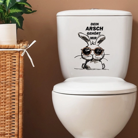 Funny Cartoon Rabbit PVC Toilet Sticker Humorous German Text Waterproof Removable Bathroom Wall Decal Restroom Decor