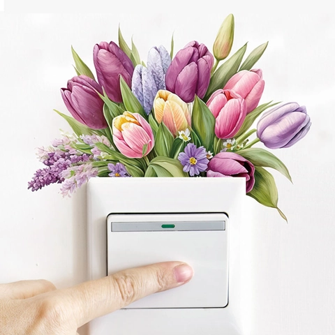 Tulip Flower Switch Sticker PVC Self Adhesive Removable Botanical Floral Wall Decal For Living Room Bedroom Home Decoration