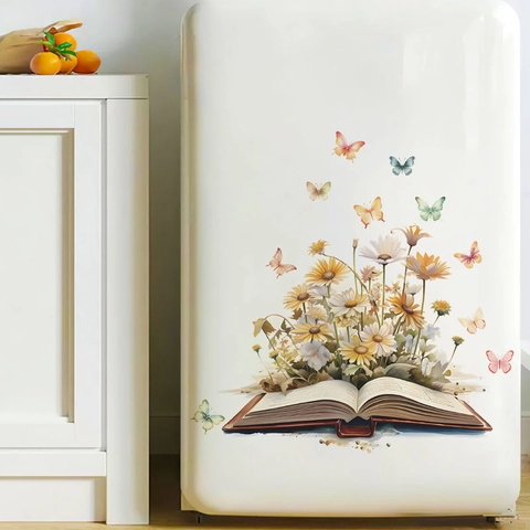 Adesivo da Parete Libro Aperto Fiori Acquerello Romantico Decalcomania PVC Rimovibile Margherita Farfalla Arredo Casa