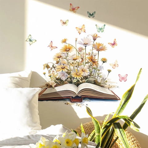 Adesivo da Parete Libro Aperto Fiori Acquerello Romantico Decalcomania PVC Rimovibile Margherita Farfalla Arredo Casa