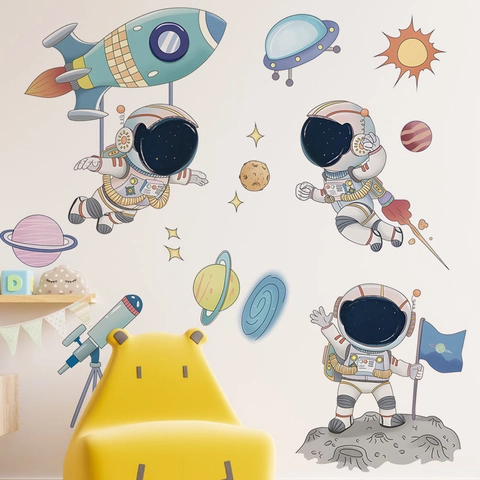 Cartoon Astronaut Rakete Weltraum Wandsticker PVC Abnehmbare Planeten UFO Decals Für Kinderzimmer Wohnzimmer Home Dekor