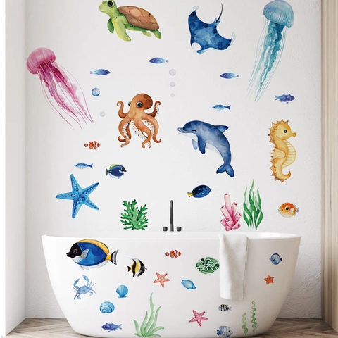 Stickers Muraux Animaux de l'Océan Aquarelle Dauphin Méduse Décalcomanies Baignoire PVC Imperméable Décor de Salle de Bain