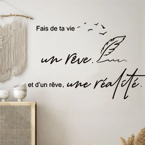 Französisches Motivierendes Zitat Wandaufkleber Fais De Ta Vie Un Reve Vinyl Aufkleber Feder Vogel DIY Abnehmbare PVC Wandkunst Dekor