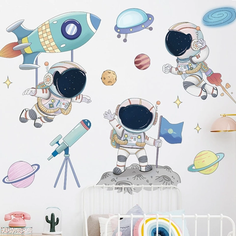 Cartoon Astronaut Rakete Weltraum Wandsticker PVC Abnehmbare Planeten UFO Decals Für Kinderzimmer Wohnzimmer Home Dekor