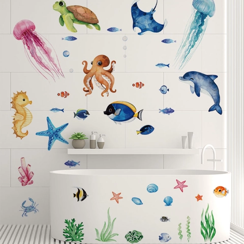 Stickers Muraux Animaux de l'Océan Aquarelle Dauphin Méduse Décalcomanies Baignoire PVC Imperméable Décor de Salle de Bain