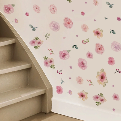 Watercolor Peony Rose Floral Wall Stickers For Girls Bedroom Living Room Decor Self-Adhesive PVC Flower Wall Decals DIY Art Mural