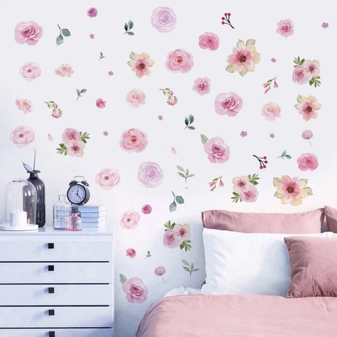 Watercolor Peony Rose Floral Wall Stickers For Girls Bedroom Living Room Decor Self-Adhesive PVC Flower Wall Decals DIY Art Mural