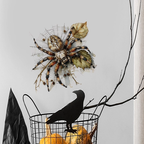 Adesivo da Parete Ragno Halloween 3D Realistico Decalcomania in PVC Removibile Con Ragnatela E Foglie Autunnali per Casa