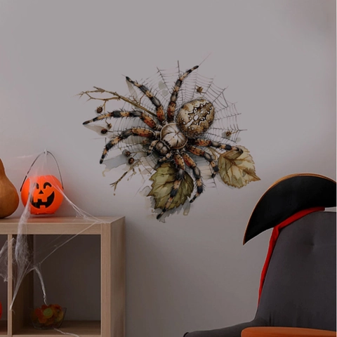 Adesivo da Parete Ragno Halloween 3D Realistico Decalcomania in PVC Removibile Con Ragnatela E Foglie Autunnali per Casa