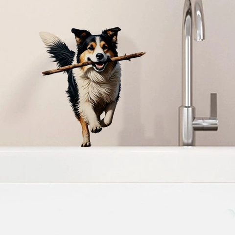 Pegatina de Pared 3D Border Collie Perro Mordiendo Palo Calcomanía de PVC Removible Para Sala de Estar Dormitorio Baño Hogar