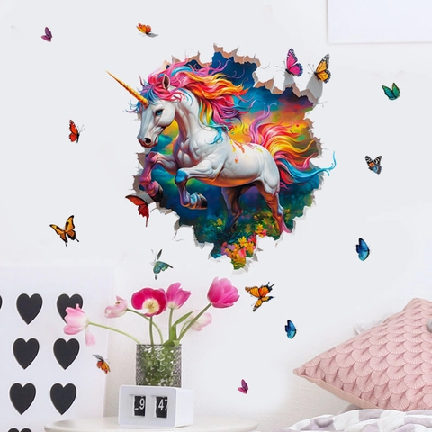 Creatieve 3D Eenhoorn Vlinder Muursticker PVC Waterdicht Regenboog Dier Verwijderbare Muurschildering Voor Kinderkamer SC126