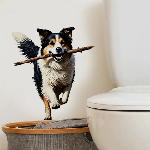 Pegatina de Pared 3D Border Collie Perro Mordiendo Palo Calcomanía de PVC Removible Para Sala de Estar Dormitorio Baño Hogar