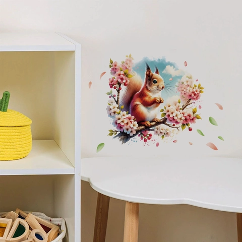 Süßes Eichhörnchen Kirschblütenzweige Wandtattoo Abnehmbares PVC Kunst Wandbild Für Kinderzimmer Wohnzimmer Schlafzimmer Home Decor