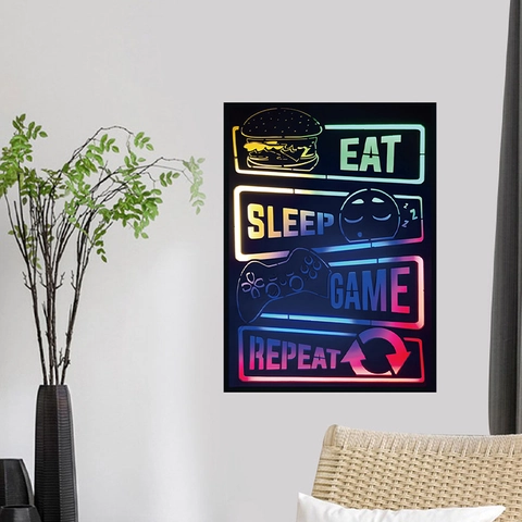 Calcomanía de Pared de Juego de Neón Eat Sleep Game Repeat PVC Autoadhesiva Grafiti Colorido Decoración de Sala de Juegos Negro