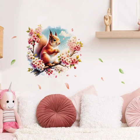 Süßes Eichhörnchen Kirschblütenzweige Wandtattoo Abnehmbares PVC Kunst Wandbild Für Kinderzimmer Wohnzimmer Schlafzimmer Home Decor