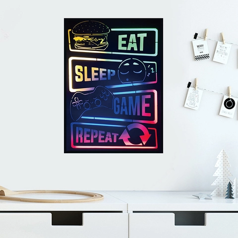 Calcomanía de Pared de Juego de Neón Eat Sleep Game Repeat PVC Autoadhesiva Grafiti Colorido Decoración de Sala de Juegos Negro