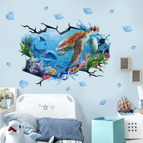 3D Sea Turtle Wall Stickers PVC Ocean World Dolphin Fish Coral Reef Broken Wall Decals For Bathroom Kids Room Home Decor