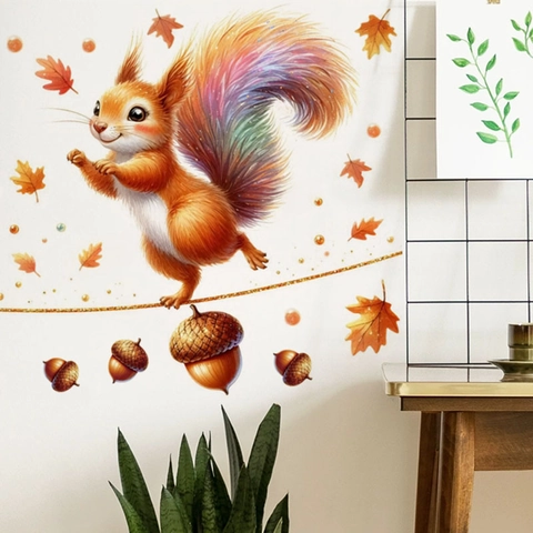 Cartoon Eichhörnchen Wandtattoo Mit Regenbogenschwanz Herbst Ahornblätter Eicheln PVC Abnehmbare Selbstklebende Wandbild Deko