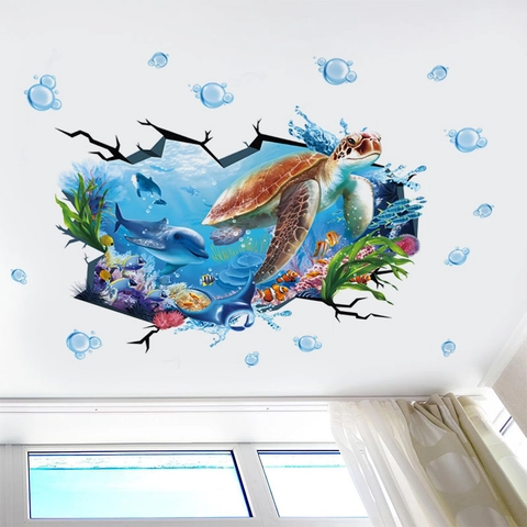 3D Sea Turtle Wall Stickers PVC Ocean World Dolphin Fish Coral Reef Broken Wall Decals For Bathroom Kids Room Home Decor