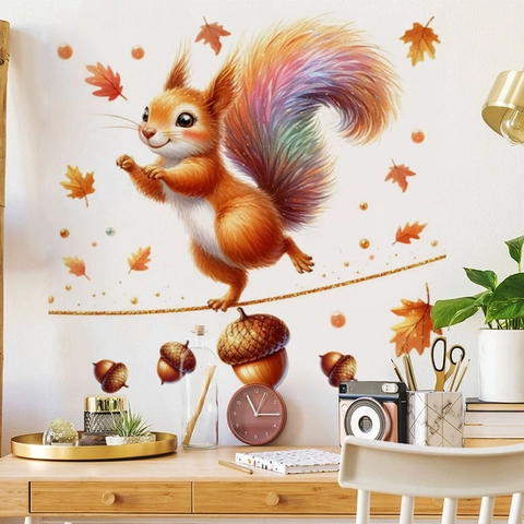 Cartoon Eichhörnchen Wandtattoo Mit Regenbogenschwanz Herbst Ahornblätter Eicheln PVC Abnehmbare Selbstklebende Wandbild Deko