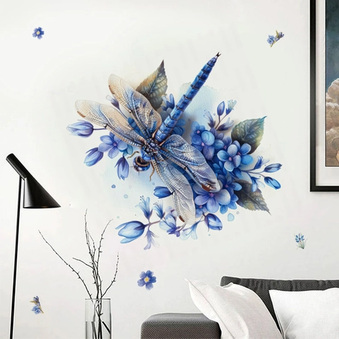 Watercolor Blue Dragonfly Flower Wall Sticker Removable PVC Self Adhesive Art Decal For Living Room Bedroom Home Decor