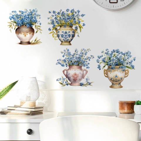 Pegatinas De Pared Jarrón Vintage Europeo Flores Azules PVC Removible Autoadhesivo Mural Para Sala De Estar Dormitorio Decoración