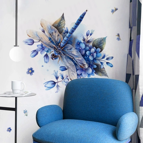 Watercolor Blue Dragonfly Flower Wall Sticker Removable PVC Self Adhesive Art Decal For Living Room Bedroom Home Decor